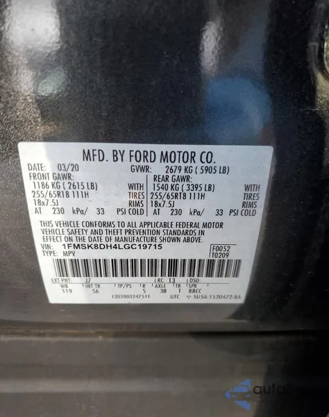 2020 Ford Explorer Xlt z USA, uszkodzony, nr VIN 1FMSK8DH4LGC19715